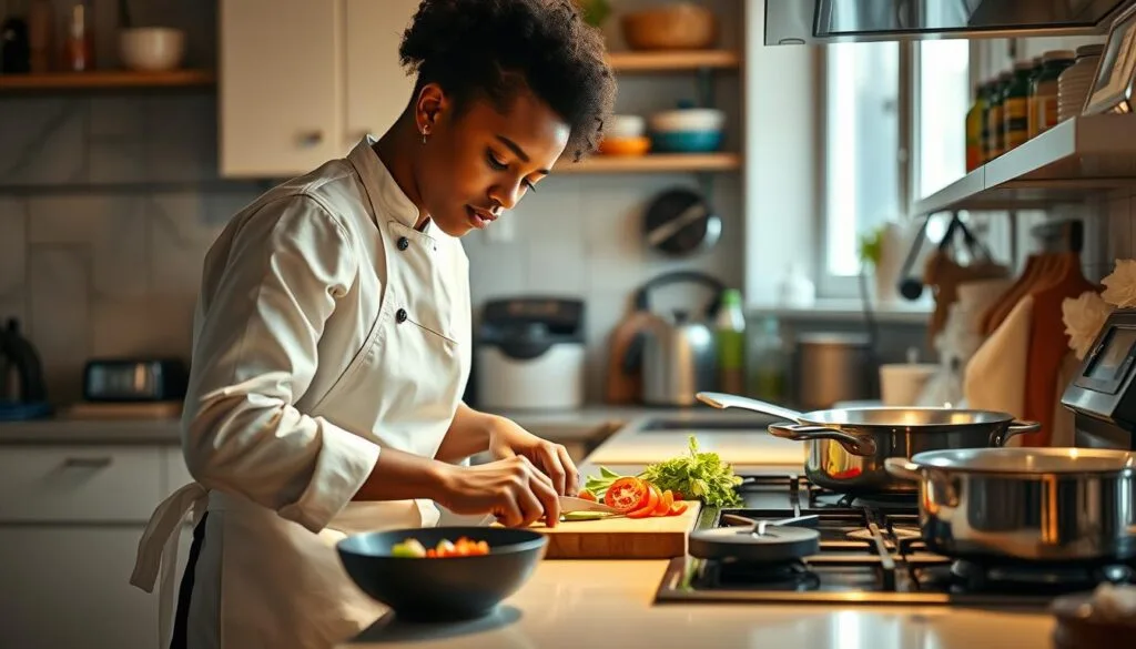 A warm, cozy kitchen scene featuring Sydney Adamu, a talented young chef, skillfully preparing a delectable dish. The foreground depicts Sydney, dressed in a crisp white apron, chopping fresh ingredients with precision on a wooden cutting board. Indirect lighting casts a soft, golden glow, creating an inviting atmosphere. In the middle ground, various pots and pans simmer on the stove, emitting tantalizing aromas. The background showcases a well-equipped kitchen, with gleaming appliances, colorful spice jars, and a window allowing natural light to filter in, illuminating the entire space. The overall composition conveys a sense of Sydney's passion for cooking, as well as the comforting ambiance of a vibrant, homely kitchen.