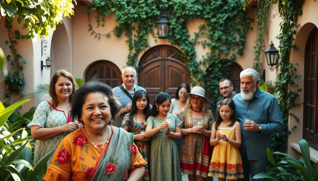 A warm, inviting family portrait of the Madrigal clan, gathered in their vibrant, lush courtyard. In the foreground, the Madrigal matriarch Abuela, her kind face beaming with pride, surrounded by her immediate family - Julieta, Pepa, Bruno, and their respective spouses and children. The middle ground features the younger Madrigals, Mirabel, Antonio, and their cousins, engaged in playful interaction, their magical gifts on display. The background showcases the enchanted Casita, its towering arches and verdant vines creating a dreamlike, fairytale-esque atmosphere. Soft, golden natural lighting filters through, imbuing the scene with a cozy, familial glow. Cameras capture the Madrigals as they are - a tight-knit, extraordinary clan, brimming with love, tradition, and the extraordinary. A warm, inviting family portrait of the Madrigal clan, gathered in their vibrant, lush courtyard. In the foreground, the Madrigal matriarch Abuela, her kind face beaming with pride, surrounded by her immediate family - Julieta, Pepa, Bruno, and their respective spouses and children. The middle ground features the younger Madrigals, Mirabel, Antonio, and their cousins, engaged in playful interaction, their magical gifts on display. The background showcases the enchanted Casita, its towering arches and verdant vines creating a dreamlike, fairytale-esque atmosphere. Soft, golden natural lighting filters through, imbuing the scene with a cozy, familial glow. Cameras capture the Madrigals as they are - a tight-knit, extraordinary clan, brimming with love, tradition, and the extraordinary.