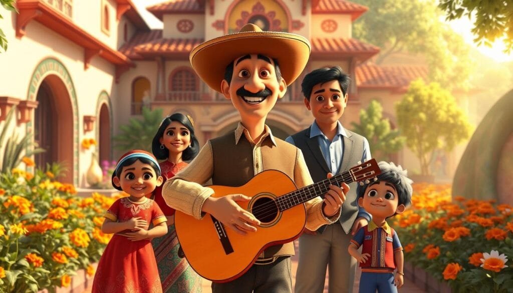 A warm, vibrant family portrait of the Rivera family from the Pixar film Coco. In the foreground, Héctor stands center stage, his guitar in hand and a warm smile on his face. Surrounding him are the other family members - Imelda, Rosita, Julio, and the young Miguel, all dressed in traditional Mexican attire. The middle ground showcases their vibrant hacienda, with its ornate architecture and colorful decor. The background depicts a lush, sun-dappled courtyard, filled with blooming marigolds and the faint silhouettes of other family members. The lighting is soft and natural, casting a golden glow over the entire scene, evoking a sense of familial warmth and togetherness.