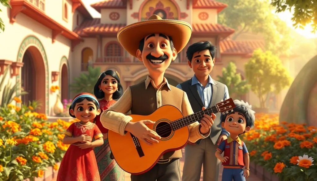 A warm, vibrant family portrait of the Rivera family from the Pixar film Coco. In the foreground, Héctor stands center stage, his guitar in hand and a warm smile on his face. Surrounding him are the other family members - Imelda, Rosita, Julio, and the young Miguel, all dressed in traditional Mexican attire. The middle ground showcases their vibrant hacienda, with its ornate architecture and colorful decor. The background depicts a lush, sun-dappled courtyard, filled with blooming marigolds and the faint silhouettes of other family members. The lighting is soft and natural, casting a golden glow over the entire scene, evoking a sense of familial warmth and togetherness.