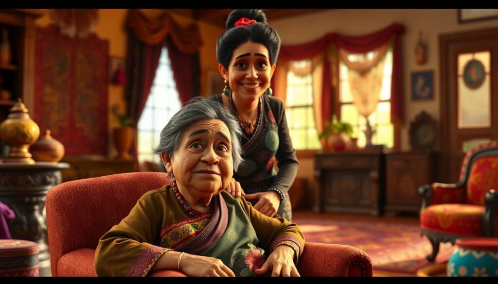 A warm, vibrant interior scene featuring Mamá Coco and Mamá Imelda, two beloved characters from the Disney/Pixar film Coco. In the foreground, Mamá Coco sits in a comfortable armchair, her weathered face conveying a lifetime of stories. Mamá Imelda stands behind her, a hand on her shoulder, their familial bond evident. The middle ground is filled with rich, earthy tones, Mexican textiles, and ornate wood furnishings. Soft, natural lighting streams in through windows, casting a gentle glow. The background is blurred, hinting at a cozy home filled with memories. The overall mood is one of warmth, nostalgia, and the profound connection between these two matriarchs.