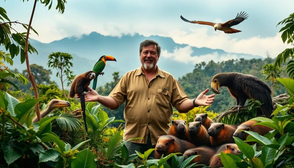 A warm, vibrant scene of Antonio Madrigal, the animal whisperer, surrounded by a diverse array of Colombian fauna. In the foreground, Antonio stands amidst a lush, verdant jungle, his hands outstretched as he communicates with a curious sloth, a colorful toucan perched on his shoulder. In the middle ground, a family of capybaras gather around him, while in the background, a majestic Andean condor soars overhead against a backdrop of towering, mist-shrouded mountains. The lighting is soft and diffused, creating a sense of enchantment and harmony between the human and the natural world. The composition is balanced and visually captivating, inviting the viewer to step into this magical moment of interspecies connection. A warm, vibrant scene of Antonio Madrigal, the animal whisperer, surrounded by a diverse array of Colombian fauna. In the foreground, Antonio stands amidst a lush, verdant jungle, his hands outstretched as he communicates with a curious sloth, a colorful toucan perched on his shoulder. In the middle ground, a family of capybaras gather around him, while in the background, a majestic Andean condor soars overhead against a backdrop of towering, mist-shrouded mountains. The lighting is soft and diffused, creating a sense of enchantment and harmony between the human and the natural world. The composition is balanced and visually captivating, inviting the viewer to step into this magical moment of interspecies connection.
