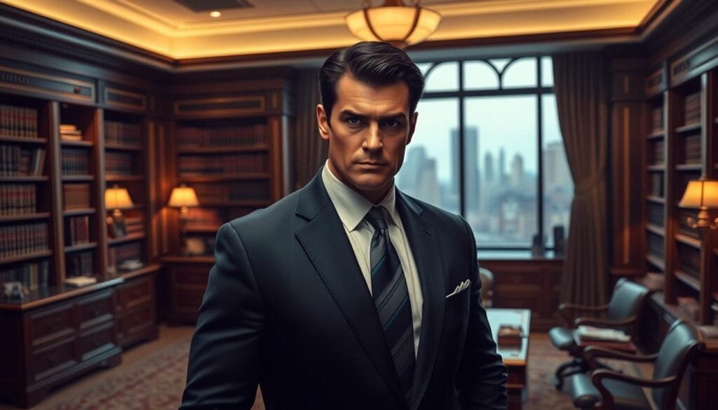 A well-dressed professional man with a serious expression, standing in a dimly lit law office. The man has dark hair, a square jawline, and piercing eyes, conveying a sense of intensity and focus. The room is filled with mahogany furniture, law books, and a large window overlooking the city skyline, creating a classic, sophisticated atmosphere. Soft, warm lighting illuminates the scene, highlighting the man's confident posture and the details of his navy blue suit. The overall mood is one of quiet confidence and quiet power, reflecting the character's dual identity as both a lawyer and a vigilante.