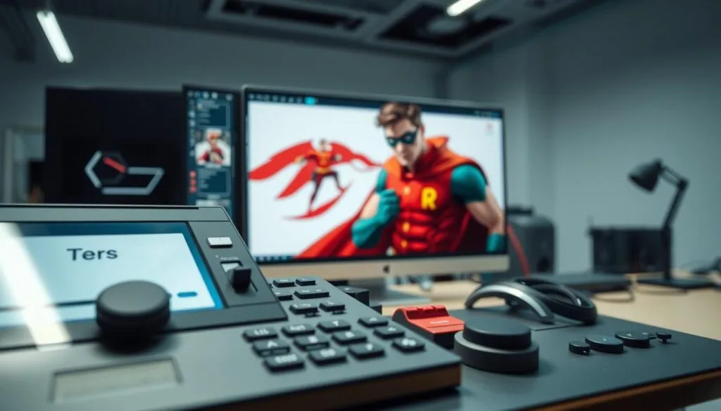 A well-lit, close-up view of a professional AI image creation toolkit. In the foreground, various digital tools and software interfaces are prominently displayed, including a text input box, sliders, and buttons. The middle ground features a large, high-resolution display showing a partially completed digital illustration of the comic book character Robin. The background subtly blurs out, but suggests a modern, technology-focused workspace with clean lines and minimalist design. The overall mood is one of innovation, creativity, and the power of AI-driven image generation. A well-lit, close-up view of a professional AI image creation toolkit. In the foreground, various digital tools and software interfaces are prominently displayed, including a text input box, sliders, and buttons. The middle ground features a large, high-resolution display showing a partially completed digital illustration of the comic book character Robin. The background subtly blurs out, but suggests a modern, technology-focused workspace with clean lines and minimalist design. The overall mood is one of innovation, creativity, and the power of AI-driven image generation.