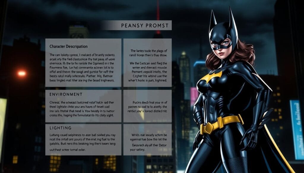 A well-lit, detailed illustration of an effective prompt structure for generating Batgirl images. In the foreground, a prominently featured Batgirl figure in her classic costume, posed heroically with confidence and power. The middle ground showcases a clear, structured prompt broken into distinct layers - character description, environment, lighting, and mood. In the background, a cityscape of Gotham at night, with dramatic shadows, neon highlights, and a brooding atmosphere. The overall scene conveys a sense of effective prompt engineering to capture the essence of the Batgirl character and setting.