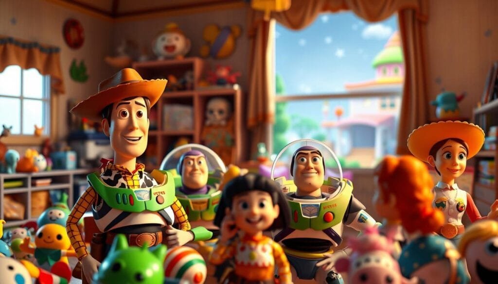 A whimsical and imaginative Toy Story-inspired scene, bathed in warm, vibrant lighting. In the foreground, a cluster of beloved characters - Woody, Buzz Lightyear, Jessie, and more - gathered together, their expressions filled with joy and camaraderie. The middle ground showcases the vibrant, playful backdrop of Andy's room, with a sprawling toy box, shelves of toys, and a window offering a glimpse of a starry night sky. In the background, a soft-focus rendering of the beloved Sunnyside Daycare, hinting at the adventures and challenges that await the toys. Photorealistic in quality, with a sense of depth, lighting, and attention to detail that draws the viewer into the whimsical Toy Story universe. A whimsical and imaginative Toy Story-inspired scene, bathed in warm, vibrant lighting. In the foreground, a cluster of beloved characters - Woody, Buzz Lightyear, Jessie, and more - gathered together, their expressions filled with joy and camaraderie. The middle ground showcases the vibrant, playful backdrop of Andy's room, with a sprawling toy box, shelves of toys, and a window offering a glimpse of a starry night sky. In the background, a soft-focus rendering of the beloved Sunnyside Daycare, hinting at the adventures and challenges that await the toys. Photorealistic in quality, with a sense of depth, lighting, and attention to detail that draws the viewer into the whimsical Toy Story universe.