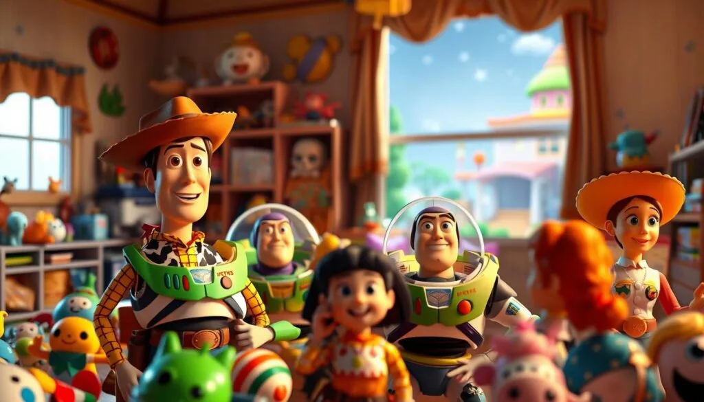 A whimsical and imaginative Toy Story-inspired scene, bathed in warm, vibrant lighting. In the foreground, a cluster of beloved characters - Woody, Buzz Lightyear, Jessie, and more - gathered together, their expressions filled with joy and camaraderie. The middle ground showcases the vibrant, playful backdrop of Andy's room, with a sprawling toy box, shelves of toys, and a window offering a glimpse of a starry night sky. In the background, a soft-focus rendering of the beloved Sunnyside Daycare, hinting at the adventures and challenges that await the toys. Photorealistic in quality, with a sense of depth, lighting, and attention to detail that draws the viewer into the whimsical Toy Story universe.