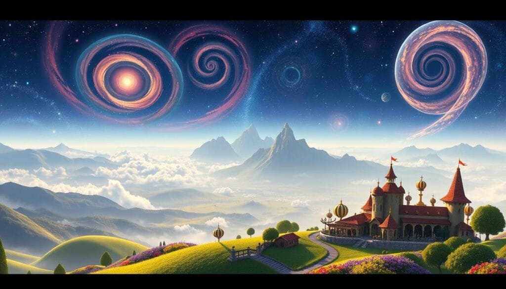 A whimsical and vibrant scene depicting the "Universos Pixar", showcasing the magical worlds and enchanting settings that serve as the backdrops for beloved Pixar characters. In the foreground, a lush, fantastical landscape with rolling hills, colorful flora, and a whimsical, otherworldly architecture. The middle ground features a breathtaking vista, with towering mountains and a stunning, ethereal sky filled with swirling clouds and shimmering celestial bodies. The background is dominated by a vast, expansive cosmos, teeming with stars, nebulae, and distant galaxies, creating a sense of boundless wonder and imagination. The lighting is warm and inviting, casting a soft, dreamlike glow over the entire scene. The angle is a wide, panoramic view, capturing the grandeur and scale of this captivating Pixar universe. A whimsical and vibrant scene depicting the "Universos Pixar", showcasing the magical worlds and enchanting settings that serve as the backdrops for beloved Pixar characters. In the foreground, a lush, fantastical landscape with rolling hills, colorful flora, and a whimsical, otherworldly architecture. The middle ground features a breathtaking vista, with towering mountains and a stunning, ethereal sky filled with swirling clouds and shimmering celestial bodies. The background is dominated by a vast, expansive cosmos, teeming with stars, nebulae, and distant galaxies, creating a sense of boundless wonder and imagination. The lighting is warm and inviting, casting a soft, dreamlike glow over the entire scene. The angle is a wide, panoramic view, capturing the grandeur and scale of this captivating Pixar universe.