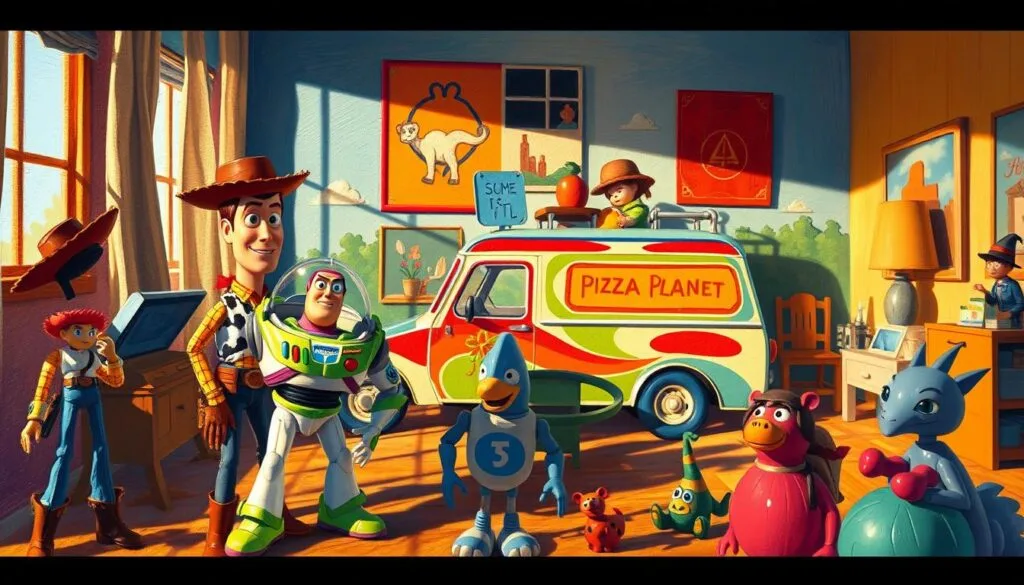A whimsical and vibrant scene depicting the beloved characters of Toy Story in a variety of artistic styles. In the foreground, Woody, Buzz Lightyear, and the rest of the gang appear in an impressionistic oil painting style, their forms loosely rendered in bold strokes of color. In the middle ground, the iconic Pizza Planet truck is reimagined in a cubist fashion, its angular shape and bright hues creating a dynamic, geometric composition. In the background, the familiar setting of Andy's room is transformed into a surreal, dreamlike landscape, with the toys' shadows cast in an expressionistic manner, capturing a sense of movement and emotion. The overall scene is bathed in warm, golden lighting, lending a nostalgic and whimsical atmosphere to the eclectic artistic interpretations of the Toy Story universe.