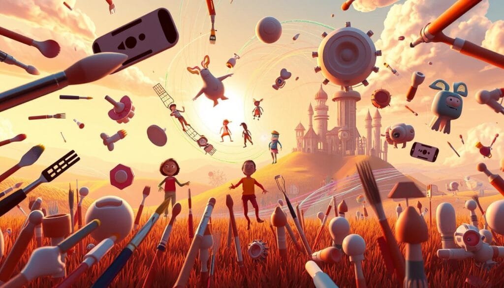 A whimsical and vibrant scene of AI-powered character design tools, set against a backdrop of a Pixar-inspired world. In the foreground, an array of digital brushes, palettes, and sculpting implements float and dance, their movements guided by the invisible hand of AI algorithms. In the middle ground, character models in various stages of creation emerge from a swirling vortex of colorful data streams, their forms taking shape with each line and curve. The background is a dreamscape of rolling hills, stylized architecture, and a luminous sky, all rendered in a playful, cartoon-like aesthetic that evokes the spirit of Pixar's iconic character design. Warm, diffused lighting casts a cheerful glow over the scene, creating a sense of wonder and possibility as the AI-powered tools bring these digital creations to life. A whimsical and vibrant scene of AI-powered character design tools, set against a backdrop of a Pixar-inspired world. In the foreground, an array of digital brushes, palettes, and sculpting implements float and dance, their movements guided by the invisible hand of AI algorithms. In the middle ground, character models in various stages of creation emerge from a swirling vortex of colorful data streams, their forms taking shape with each line and curve. The background is a dreamscape of rolling hills, stylized architecture, and a luminous sky, all rendered in a playful, cartoon-like aesthetic that evokes the spirit of Pixar's iconic character design. Warm, diffused lighting casts a cheerful glow over the scene, creating a sense of wonder and possibility as the AI-powered tools bring these digital creations to life.