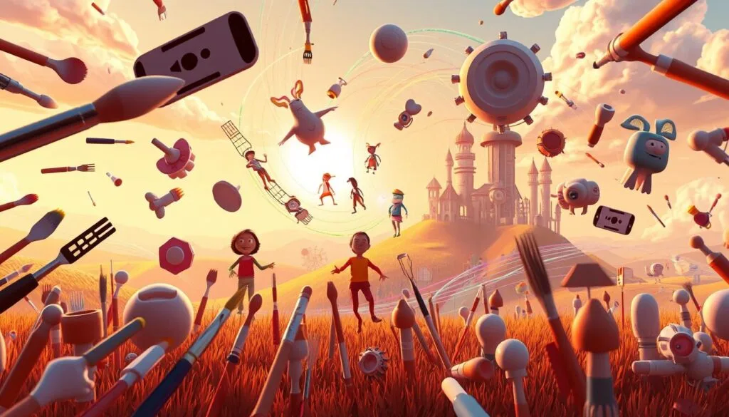 A whimsical and vibrant scene of AI-powered character design tools, set against a backdrop of a Pixar-inspired world. In the foreground, an array of digital brushes, palettes, and sculpting implements float and dance, their movements guided by the invisible hand of AI algorithms. In the middle ground, character models in various stages of creation emerge from a swirling vortex of colorful data streams, their forms taking shape with each line and curve. The background is a dreamscape of rolling hills, stylized architecture, and a luminous sky, all rendered in a playful, cartoon-like aesthetic that evokes the spirit of Pixar's iconic character design. Warm, diffused lighting casts a cheerful glow over the scene, creating a sense of wonder and possibility as the AI-powered tools bring these digital creations to life. A whimsical and vibrant scene of AI-powered character design tools, set against a backdrop of a Pixar-inspired world. In the foreground, an array of digital brushes, palettes, and sculpting implements float and dance, their movements guided by the invisible hand of AI algorithms. In the middle ground, character models in various stages of creation emerge from a swirling vortex of colorful data streams, their forms taking shape with each line and curve. The background is a dreamscape of rolling hills, stylized architecture, and a luminous sky, all rendered in a playful, cartoon-like aesthetic that evokes the spirit of Pixar's iconic character design. Warm, diffused lighting casts a cheerful glow over the scene, creating a sense of wonder and possibility as the AI-powered tools bring these digital creations to life.
