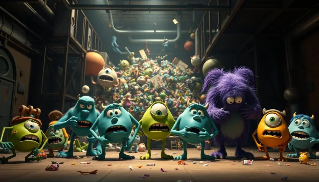 A whimsical and vibrant scene of common mistakes in generating Monsters Inc. images using AI. In the foreground, a team of animated monsters struggle with distorted body parts, glitches, and unnatural proportions, their expressions comically exasperated. The middle ground showcases a chaotic jumble of mismatched textures, colors, and shapes, hinting at the challenges of accurately rendering the unique Monsters Inc. aesthetic. In the background, a dimly lit, industrial-style setting provides a subtle nod to the movie's urban environment, while subtle lighting casts dramatic shadows, adding depth and atmosphere. The overall mood is one of playful experimentation, capturing the spirit of exploration and problem-solving inherent in the creative process of AI-generated art.