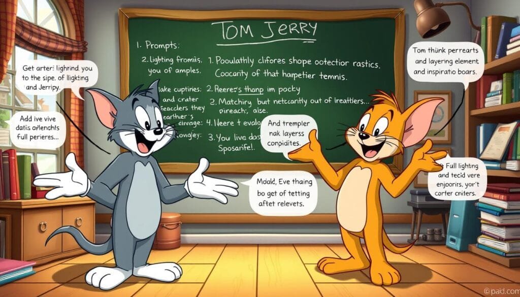 A whimsical, cartoon-inspired scene depicting advanced tips and techniques for crafting effective Tom and Jerry-themed prompts for AI image generation. In the foreground, Tom and Jerry stand side-by-side, gesturing animatedly as they share their secrets - Tom offering insights on lighting and angles, Jerry providing tips on adding vivid details and layering elements. In the middle ground, a chalkboard displays prompts and visual references, while the background features a cozy study filled with books, notebooks, and inspiration boards. The overall mood is playful, informative, and designed to spark the imagination of aspiring prompt engineers.