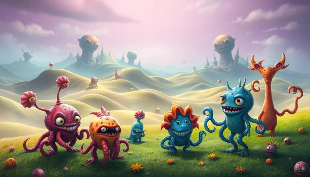 A whimsical, colorful scene of original monsters in a surreal, dreamlike landscape. In the foreground, a vibrant cast of fantastical creatures in vibrant, jewel-toned hues - bulbous, tentacled beings with expressive, cartoonish features and asymmetrical limbs. In the middle ground, a bizarre, undulating terrain of rolling hills and valleys, with undulating, organic shapes and patterns. The background is a hazy, ethereal sky in shades of lavender and periwinkle, with wispy clouds and hints of distant, mysterious structures. Soft, diffused lighting bathes the scene in a warm, magical glow, creating a sense of wonder and imagination. The overall atmosphere is one of whimsy, creativity, and the boundless possibilities of the monstrous imagination.