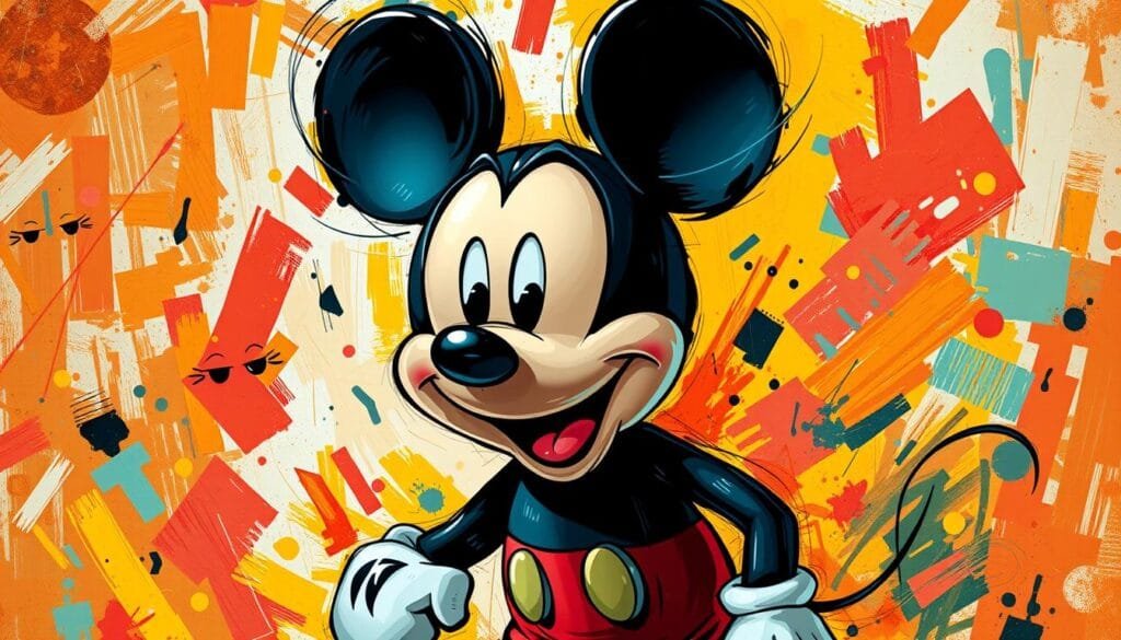 A whimsical, dynamic composition featuring Mickey Mouse reimagined in multiple artistic styles. The iconic character is the central focus, rendered in a vibrant, expressive manner across the frame. Varying techniques such as impressionist brushstrokes, cubist fragmentation, and abstract expressionist gestures create a captivating visual tapestry. Warm, saturated lighting casts a joyful, playful mood, while strategic use of depth and perspective guides the viewer's eye through the piece. Carefully curated details and textures evoke the essence of each artistic style, seamlessly blending together into a cohesive, engaging work of art. A whimsical, dynamic composition featuring Mickey Mouse reimagined in multiple artistic styles. The iconic character is the central focus, rendered in a vibrant, expressive manner across the frame. Varying techniques such as impressionist brushstrokes, cubist fragmentation, and abstract expressionist gestures create a captivating visual tapestry. Warm, saturated lighting casts a joyful, playful mood, while strategic use of depth and perspective guides the viewer's eye through the piece. Carefully curated details and textures evoke the essence of each artistic style, seamlessly blending together into a cohesive, engaging work of art.