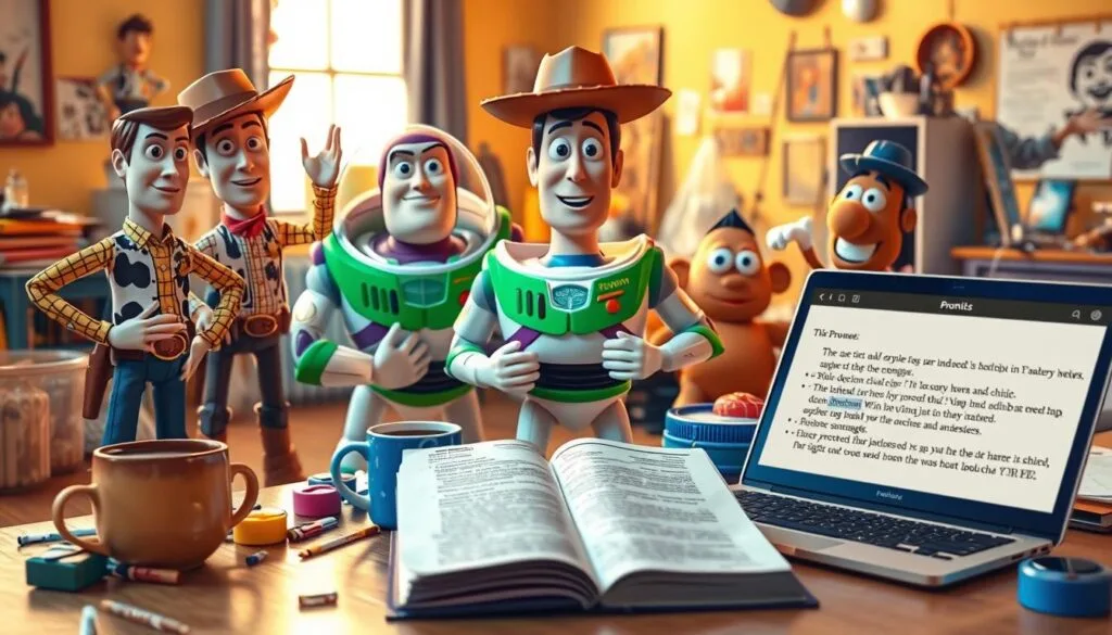 A whimsical, fun-filled scene depicting common mistakes when crafting Toy Story-inspired prompts for AI-generated images. In the foreground, a group of iconic Toy Story characters - Woody, Buzz Lightyear, Mr. Potato Head, and others - gesturing exaggeratedly, as if demonstrating poor prompt writing techniques. The middle ground showcases a jumble of disjointed elements, haphazardly combined: a steaming cup of coffee, scattered craft supplies, and a crumpled thesaurus. In the background, a visually cluttered studio workspace, with half-finished art projects, reference images, and an open laptop displaying an error-filled prompt. Warm, nostalgic lighting casts a soft glow, evoking the familiar Toy Story aesthetic. The overall mood is one of playful confusion, reflecting the challenges of crafting effective, cohesive prompts for AI image generation.