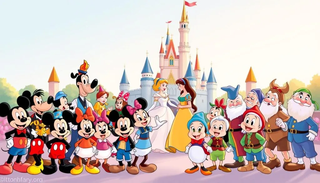 A whimsical gathering of classic Disney characters in a vibrant, hand-drawn style. In the foreground, beloved icons like Mickey Mouse, Minnie, Donald, and Goofy stand together, their expressions filled with joy and wonder. In the middle ground, Cinderella, Prince Charming, Snow White, and the Seven Dwarfs engage in a lively dance, their costumes and movements capturing the enchantment of their fairy tale origins. In the background, a colorful and stylized castle towers, its spires and turrets evoking the timeless magic of the Disney universe. The lighting is soft and warm, casting a dream-like glow over the entire scene. The composition is balanced and symmetrical, drawing the viewer's eye to the central cast of characters. Overall, the image radiates the classic Disney aesthetic, celebrating the enduring appeal of these iconic personalities.