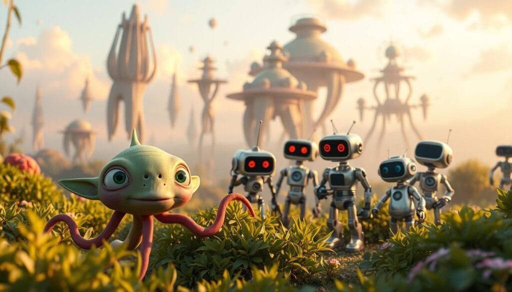 A whimsical gathering of enchanting non-human characters in a vibrant, Pixar-esque world. In the foreground, a curious alien creature with playful tentacles and expressive eyes gazes out from a lush, verdant landscape. In the middle ground, a family of quirky robot companions engage in lighthearted activities, their metallic forms glinting under warm, diffused lighting. The background reveals a fantastical skyline, with towering, organic structures and floating islands suspended in a dreamlike, pastel-hued atmosphere. This captivating scene evokes a sense of wonder, inviting the viewer to immerse themselves in the charming, imaginative realm of non-human personalities. A whimsical gathering of enchanting non-human characters in a vibrant, Pixar-esque world. In the foreground, a curious alien creature with playful tentacles and expressive eyes gazes out from a lush, verdant landscape. In the middle ground, a family of quirky robot companions engage in lighthearted activities, their metallic forms glinting under warm, diffused lighting. The background reveals a fantastical skyline, with towering, organic structures and floating islands suspended in a dreamlike, pastel-hued atmosphere. This captivating scene evokes a sense of wonder, inviting the viewer to immerse themselves in the charming, imaginative realm of non-human personalities.