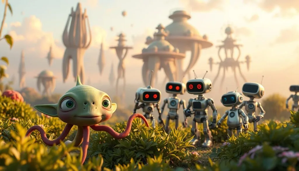 A whimsical gathering of enchanting non-human characters in a vibrant, Pixar-esque world. In the foreground, a curious alien creature with playful tentacles and expressive eyes gazes out from a lush, verdant landscape. In the middle ground, a family of quirky robot companions engage in lighthearted activities, their metallic forms glinting under warm, diffused lighting. The background reveals a fantastical skyline, with towering, organic structures and floating islands suspended in a dreamlike, pastel-hued atmosphere. This captivating scene evokes a sense of wonder, inviting the viewer to immerse themselves in the charming, imaginative realm of non-human personalities. A whimsical gathering of enchanting non-human characters in a vibrant, Pixar-esque world. In the foreground, a curious alien creature with playful tentacles and expressive eyes gazes out from a lush, verdant landscape. In the middle ground, a family of quirky robot companions engage in lighthearted activities, their metallic forms glinting under warm, diffused lighting. The background reveals a fantastical skyline, with towering, organic structures and floating islands suspended in a dreamlike, pastel-hued atmosphere. This captivating scene evokes a sense of wonder, inviting the viewer to immerse themselves in the charming, imaginative realm of non-human personalities.