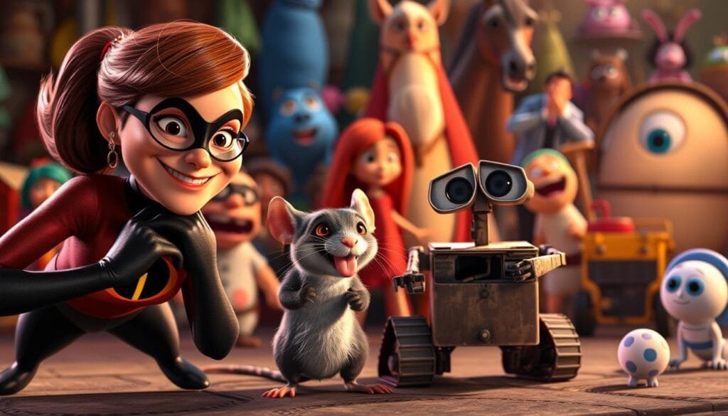 A whimsical gathering of memorable Pixar sidekicks, captured in a vibrant, cinematic scene. In the foreground, a mischievous Edna Mode from The Incredibles, flashing a sly grin as she adjusts the stylish accessories of Remy, the culinary rat from Ratatouille. In the middle ground, the playful Dug from Up, his tongue lolling as he chases the curious Wall-E, the lovable trash-compacting robot. In the background, a tapestry of beloved supporting characters - Heimlich the caterpillar from A Bug's Life, Merida's loyal horse Angus from Brave, and the ever-curious Boo from Monsters, Inc. Bathed in warm, cinematic lighting, the scene exudes the whimsical charm and endearing character design that define Pixar's beloved sidekicks. A whimsical gathering of memorable Pixar sidekicks, captured in a vibrant, cinematic scene. In the foreground, a mischievous Edna Mode from The Incredibles, flashing a sly grin as she adjusts the stylish accessories of Remy, the culinary rat from Ratatouille. In the middle ground, the playful Dug from Up, his tongue lolling as he chases the curious Wall-E, the lovable trash-compacting robot. In the background, a tapestry of beloved supporting characters - Heimlich the caterpillar from A Bug's Life, Merida's loyal horse Angus from Brave, and the ever-curious Boo from Monsters, Inc. Bathed in warm, cinematic lighting, the scene exudes the whimsical charm and endearing character design that define Pixar's beloved sidekicks.