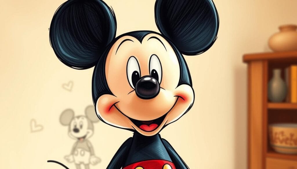 A whimsical, hand-drawn portrait of the classic Mickey Mouse character. He stands in the foreground, his iconic black ears and circular head framed by a warm, nostalgic color palette. His expression is cheerful and mischievous, with large, expressive eyes and a playful grin. The middle ground features a lightly sketched background, suggesting a playful, cartoon-like setting, while the background is softly blurred, keeping the focus on Mickey's delightful presence. The lighting is soft and diffused, creating a cozy, vintage atmosphere. The overall style evokes the golden age of Disney animation, capturing the timeless charm of this beloved character. A whimsical, hand-drawn portrait of the classic Mickey Mouse character. He stands in the foreground, his iconic black ears and circular head framed by a warm, nostalgic color palette. His expression is cheerful and mischievous, with large, expressive eyes and a playful grin. The middle ground features a lightly sketched background, suggesting a playful, cartoon-like setting, while the background is softly blurred, keeping the focus on Mickey's delightful presence. The lighting is soft and diffused, creating a cozy, vintage atmosphere. The overall style evokes the golden age of Disney animation, capturing the timeless charm of this beloved character.