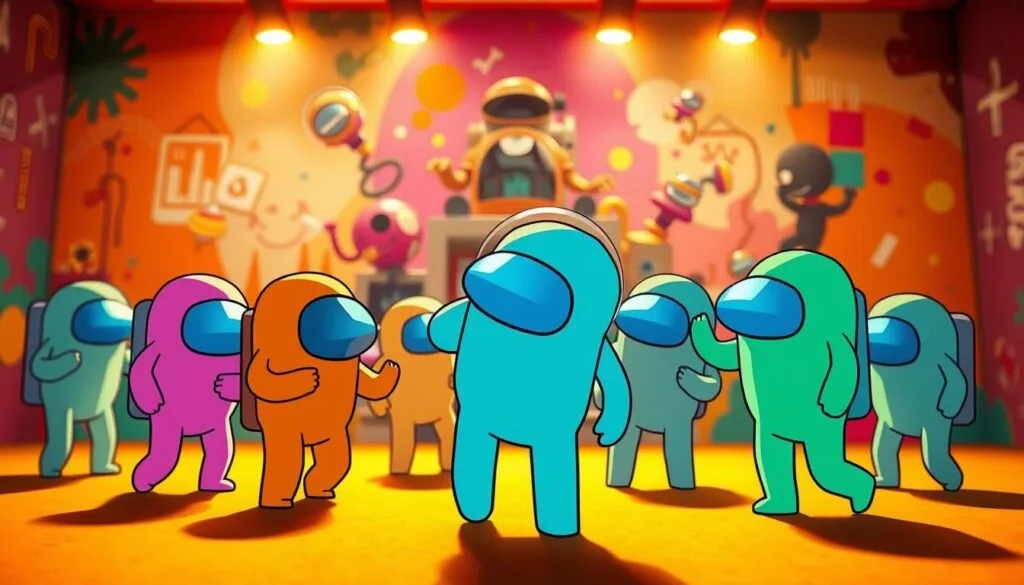 A whimsical, humorous scene depicting the iconic characters from the game "Among Us" engaged in a comical scenario. The foreground features a group of brightly colored, stylized astronaut-like figures in various poses and expressions, conveying a sense of playful mischief. The middle ground showcases a quirky, exaggerated setting with surreal, abstracted elements that heighten the meme-like atmosphere. The background is a vibrant, dynamic blend of bold colors and abstract patterns, creating a visually striking and memorable "Among Us" meme-inspired composition. Lighting is warm and slightly off-kilter, adding to the playful, tongue-in-cheek tone. The overall aesthetic is a seamless blend of the game's signature style and a distinctive meme-inspired interpretation.