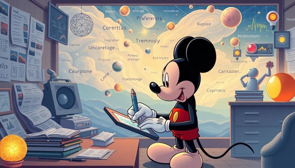 A whimsical illustration of Mickey Mouse meticulously crafting advanced prompts for AI image generation. Mickey stands in a cozy, well-lit studio, surrounded by a montage of reference images, technical diagrams, and a floating array of disembodied words and phrases. The foreground features Mickey, pen in hand, deep in concentration as he types furiously on a futuristic-looking tablet. The middle ground showcases a dynamic blend of digital tools, creative inspiration, and the enigmatic process of prompt engineering. The background depicts a dreamlike, surreal landscape with swirling clouds, glowing orbs, and a sense of boundless imagination. The overall mood is one of playful experimentation, technical mastery, and the boundless creative potential of the AI-powered image generation. A whimsical illustration of Mickey Mouse meticulously crafting advanced prompts for AI image generation. Mickey stands in a cozy, well-lit studio, surrounded by a montage of reference images, technical diagrams, and a floating array of disembodied words and phrases. The foreground features Mickey, pen in hand, deep in concentration as he types furiously on a futuristic-looking tablet. The middle ground showcases a dynamic blend of digital tools, creative inspiration, and the enigmatic process of prompt engineering. The background depicts a dreamlike, surreal landscape with swirling clouds, glowing orbs, and a sense of boundless imagination. The overall mood is one of playful experimentation, technical mastery, and the boundless creative potential of the AI-powered image generation.