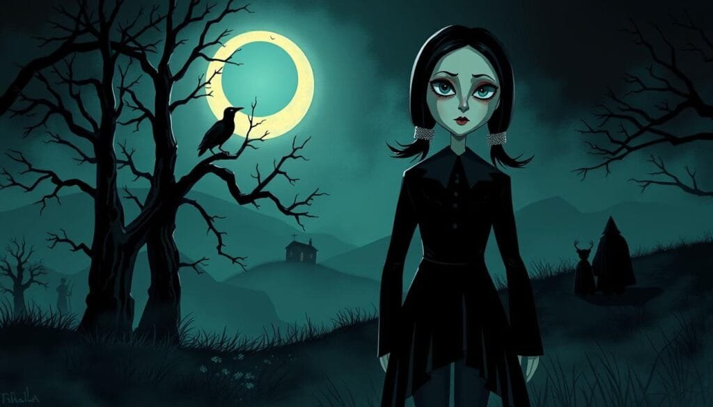 A whimsical illustration of Wednesday Addams, the beloved character from the Addams Family, surrounded by a haunting and moody atmosphere. In the foreground, Wednesday stands tall, her piercing gaze and dark attire commanding attention. The middle ground features a dimly lit, gothic-inspired setting, with towering trees, a raven perched on a branch, and a crescent moon casting an eerie glow. In the background, a misty, dreamlike landscape unfolds, with shadowy figures and a sense of mystery. The lighting is dramatic, with strong contrasts between light and shadow, creating a sense of depth and atmosphere. The overall composition and styling convey the essence of Wednesday Merlina's character - dark, introspective, and tinged with a touch of the supernatural.