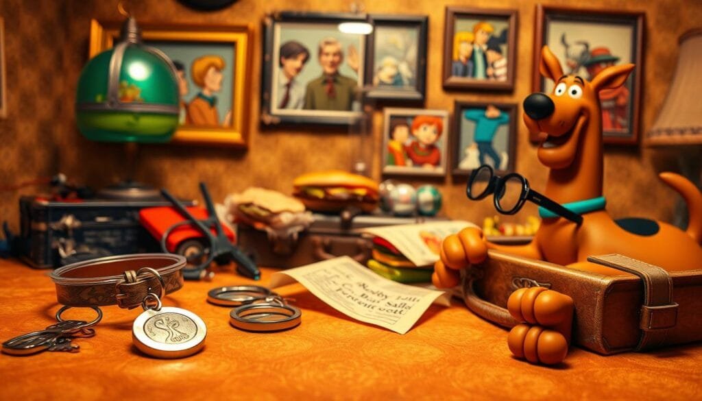 A whimsical, nostalgic scene of iconic Scooby-Doo memorabilia. In the foreground, Scooby's trademark collar and dog tag glimmer against a retro patterned background. Scattered around are classic Mystery Machine van keys, a magnifying glass, and a tattered map. In the middle ground, Shaggy's beloved sandwich and Velma's signature glasses rest atop a vintage suitcase. In the background, a wall of framed photos captures the gang's adventures - Scooby unmasking a villain, the team solving a mystery, and their beloved dog happily munching on a Scooby Snack. Warm, soft lighting casts an nostalgic glow, evoking the beloved cartoon's enduring spirit.