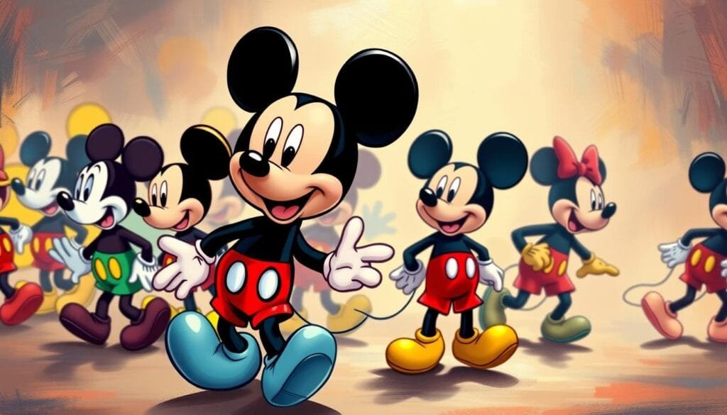 A whimsical parade of Mickey Mouse in a variety of artistic styles, from the bold lines and bright colors of pop art to the delicate brushstrokes of impressionism. Mickey dances and prances, his signature ears and gleeful expression transforming as he moves through cubist, surrealist, and expressionist interpretations, each rendering capturing the playful spirit of this iconic character. The foreground is alive with Mickey's dynamic motion, while the middle ground showcases the diverse artistic mediums, and the background blends seamlessly to create a sense of depth and imagination. Lighting is warm and inviting, drawing the viewer into this fantastical realm where Mickey Mouse embodies the creative versatility of artistic expression. A whimsical parade of Mickey Mouse in a variety of artistic styles, from the bold lines and bright colors of pop art to the delicate brushstrokes of impressionism. Mickey dances and prances, his signature ears and gleeful expression transforming as he moves through cubist, surrealist, and expressionist interpretations, each rendering capturing the playful spirit of this iconic character. The foreground is alive with Mickey's dynamic motion, while the middle ground showcases the diverse artistic mediums, and the background blends seamlessly to create a sense of depth and imagination. Lighting is warm and inviting, drawing the viewer into this fantastical realm where Mickey Mouse embodies the creative versatility of artistic expression.