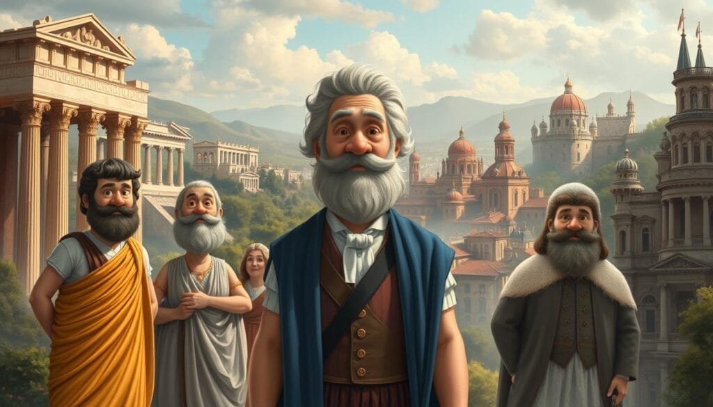 A whimsical portrait of Bob Esponja in various historical eras, depicted with meticulous attention to period-accurate details. In the foreground, Bob Esponja appears in different costumes, from a toga-clad Roman senator to a powdered wig-wearing Enlightenment philosopher. The middle ground showcases changing architectural styles, from ancient Greek temples to medieval castles. The background features sweeping landscapes that evoke the distinct atmospheres of each historical epoch, from lush Roman villas to fog-shrouded Victorian cityscapes. Rendered with a vibrant, painterly aesthetic and dramatic lighting that enhances the sense of timelessness and fantastical imagination.