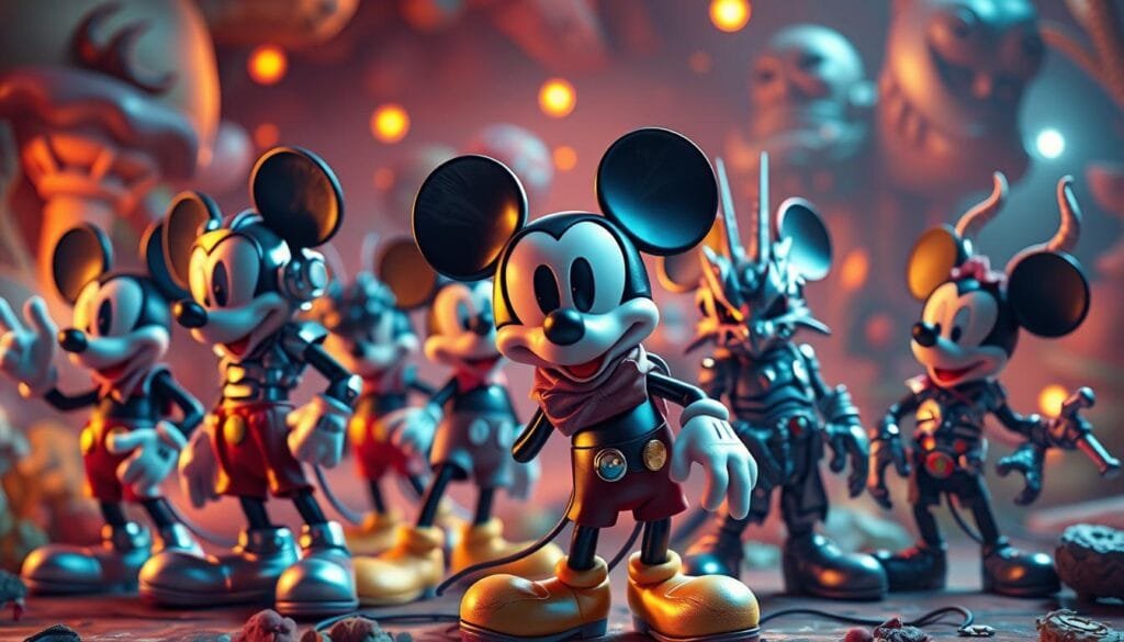 A whimsical reimagining of the iconic Mickey Mouse, depicted in a variety of alternative forms and crossover styles. A vibrant, playful scene showcasing Mickey's versatility, set against a fantastical backdrop with hints of surrealism. Mickey appears in diverse guises, from futuristic cyborg to mythical creature, each iteration meticulously detailed and seamlessly integrated into the composition. Warm, saturated lighting casts an enchanting glow, while dynamic camera angles and a sense of depth create a captivating visual narrative. The result is a visually striking and imaginative interpretation of the beloved character, sparking the viewer's curiosity and inviting further exploration of Mickey Mouse's endless creative potential.