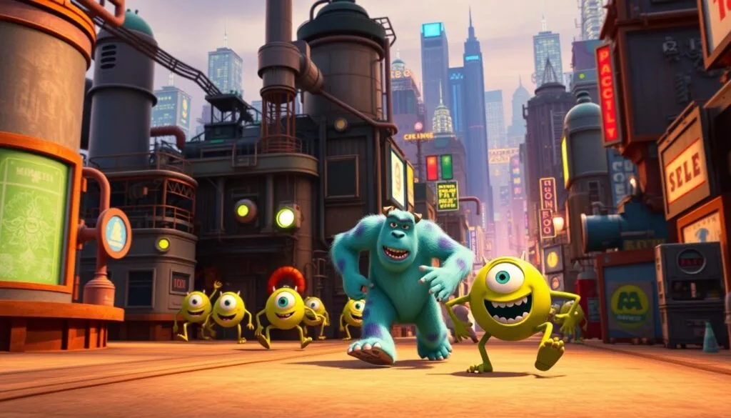 A whimsical scene from the beloved Monsters Inc. universe, rendered in stunning detail with the power of AI. In the foreground, the iconic characters Sulley and Mike Wazowski playfully chasing a group of mischievous Monsters Inc. employees through a vibrant, imaginative environment. The middle ground features the iconic Monsters Inc. factory, with its intricate machinery and glowing power cells. In the background, the bustling city of Monstropolis sprawls, its towering skyscrapers and neon-lit streets creating a sense of scale and depth. The lighting is warm and inviting, casting a soft glow over the entire scene. The camera angle is slightly elevated, allowing the viewer to take in the full scope of this whimsical world. The overall mood is one of playfulness, nostalgia, and the boundless creativity of the Monsters Inc. universe.