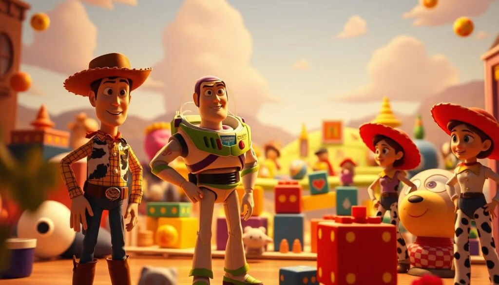 A whimsical scene from the magical world of Toy Story, rendered in intricate detail by a skilled AI artist. In the foreground, beloved characters like Woody, Buzz Lightyear, and Jessie stand tall, their plastic features imbued with a sense of life and personality. The middle ground reveals a vibrant, imaginative landscape, with colorful blocks, plush toys, and other playful elements arranged in a captivating tableau. In the background, a hazy, dreamlike quality takes over, suggesting the boundless possibilities of the Toy Story universe. Warm, soft lighting bathes the entire scene, creating a cozy, inviting atmosphere that evokes the charm and wonder of the beloved animated franchise. The result is a breathtaking, immersive image that transports the viewer into the magical world of Toy Story.