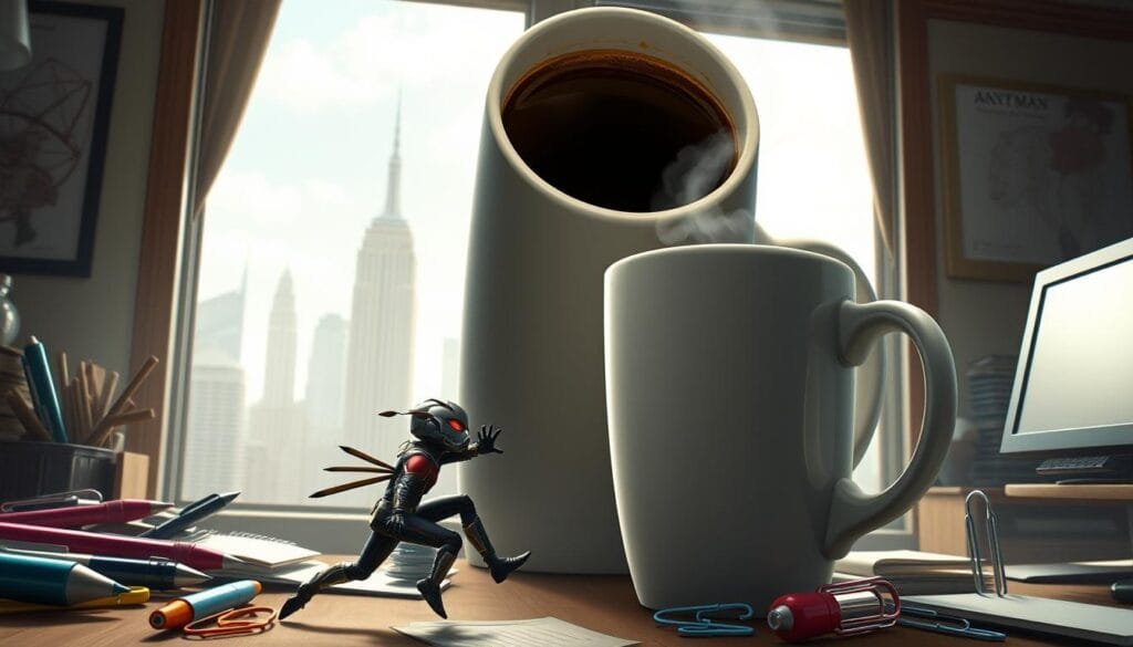 A whimsical scene of Ant-Man comically interacting with his surroundings. In the foreground, the diminutive hero scurries across a cluttered desk, evading everyday office supplies like oversized pens and giant paper clips. The middle ground features a towering mug of coffee, steam rising as Ant-Man clings to the rim, peering down into the dark liquid. In the background, a distorted cityscape is visible through a window, hinting at Ant-Man's ability to shift between micro and macro scales. The lighting is soft and diffused, lending an almost storybook quality to the scene. The overall mood is one of playful, lighthearted adventure, capturing the whimsical spirit of Ant-Man's escapades.