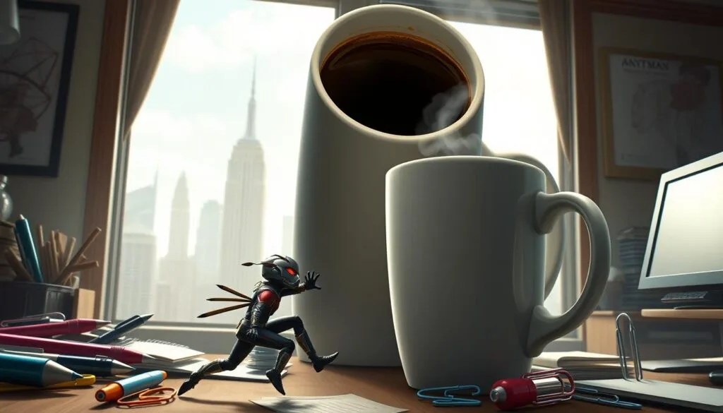 A whimsical scene of Ant-Man comically interacting with his surroundings. In the foreground, the diminutive hero scurries across a cluttered desk, evading everyday office supplies like oversized pens and giant paper clips. The middle ground features a towering mug of coffee, steam rising as Ant-Man clings to the rim, peering down into the dark liquid. In the background, a distorted cityscape is visible through a window, hinting at Ant-Man's ability to shift between micro and macro scales. The lighting is soft and diffused, lending an almost storybook quality to the scene. The overall mood is one of playful, lighthearted adventure, capturing the whimsical spirit of Ant-Man's escapades. A whimsical scene of Ant-Man comically interacting with his surroundings. In the foreground, the diminutive hero scurries across a cluttered desk, evading everyday office supplies like oversized pens and giant paper clips. The middle ground features a towering mug of coffee, steam rising as Ant-Man clings to the rim, peering down into the dark liquid. In the background, a distorted cityscape is visible through a window, hinting at Ant-Man's ability to shift between micro and macro scales. The lighting is soft and diffused, lending an almost storybook quality to the scene. The overall mood is one of playful, lighthearted adventure, capturing the whimsical spirit of Ant-Man's escapades.