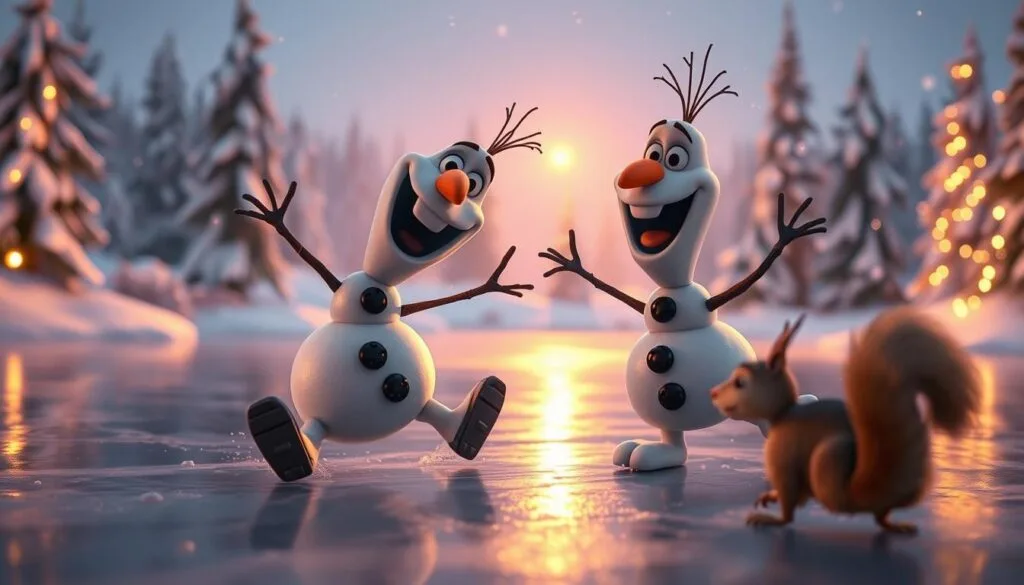 A whimsical scene of Olaf the snowman in comical situations, bathed in soft, warm lighting that creates a cozy, inviting atmosphere. Olaf is the central focus, his carrot nose and stick arms gesturing dramatically as he stumbles and slips on an icy surface, with snowflakes swirling around him. In the middle ground, a winter landscape with snowy trees and a frozen lake provides a picturesque backdrop. In the foreground, subtle humorous details like Olaf's oversized shoes or a mischievous squirrel add to the playful tone. The camera angle is slightly low, giving the viewer a playful, intimate perspective on Olaf's antics. The overall mood is one of whimsical, lighthearted comedy that perfectly captures the spirit of the beloved Frozen character.
