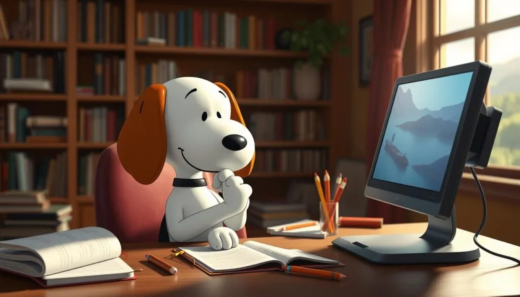 A whimsical scene of Snoopy, the beloved Peanuts character, engaged in advanced prompt engineering techniques. Snoopy sits at a desk, surrounded by notebooks, pencils, and a futuristic-looking computer screen. The beagle's expression is one of deep concentration, his paw resting thoughtfully on his chin. The background is a cozy, warm-toned study, with bookshelves and a window overlooking a lush, idyllic landscape. Soft, directional lighting illuminates Snoopy's focused features, creating a sense of contemplation and creativity. The composition emphasizes Snoopy's mastery of the craft, suggesting his expertise in harnessing the power of language to conjure captivating visual imagery.