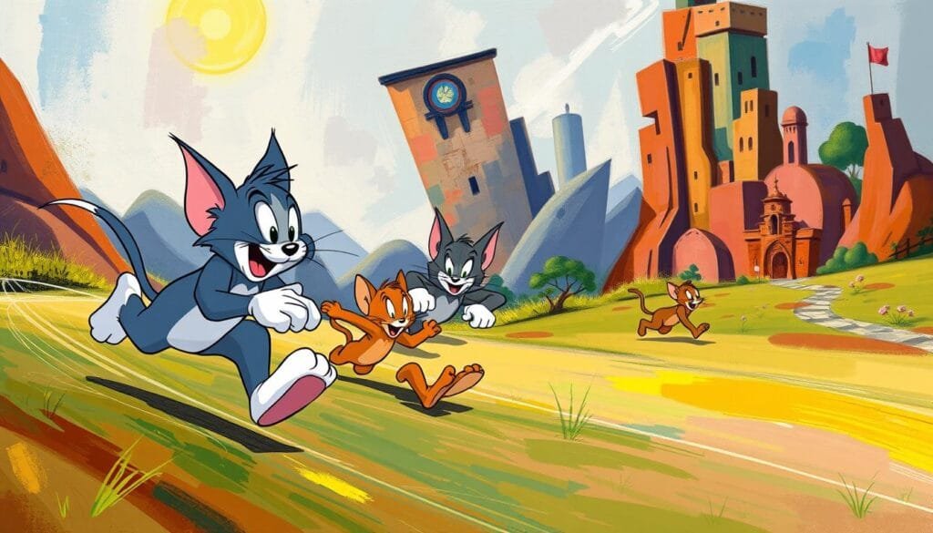 A whimsical scene of Tom and Jerry in various artistic styles, featuring the iconic cartoon duo engaged in their classic chase through a vibrant, imaginative landscape. In the foreground, Tom and Jerry dart across the frame, their movements frozen in a dynamic, expressionistic brushstroke. The middle ground showcases the pair in a cubist interpretation, their angular forms and bold colors contrasting against a surreal, abstract background. In the distance, Tom and Jerry merge into a impressionistic, dreamlike tableau, their forms blending with the soft, hazy atmosphere. The overall mood is one of playful, artistic exploration, capturing the timeless appeal of these beloved characters through a diverse array of visual styles.