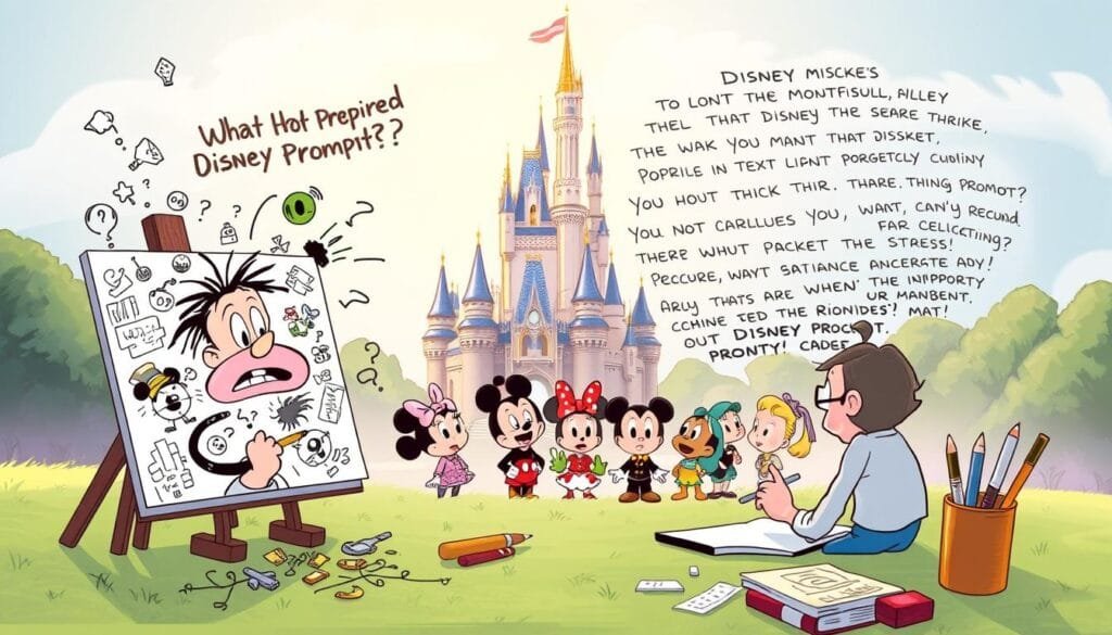 A whimsical scene of common Disney prompt mistakes, depicted in a storybook-like illustration. In the foreground, a frustrated artist scribbles chaotic prompts, with cartoon character icons and disjointed elements floating around. The middle ground shows a collection of Disney character caricatures looking puzzled, surrounded by a jumble of conflicting prompt modifiers. In the background, the iconic Disney castle stands tall, yet partially obscured by a cloud of text prompts. Soft, dreamlike lighting sets a playful, lighthearted mood, as if viewed through the lens of a vintage Disney film reel. The composition conveys the challenges of crafting effective Disney-inspired prompts, in a visually engaging and imaginative way.