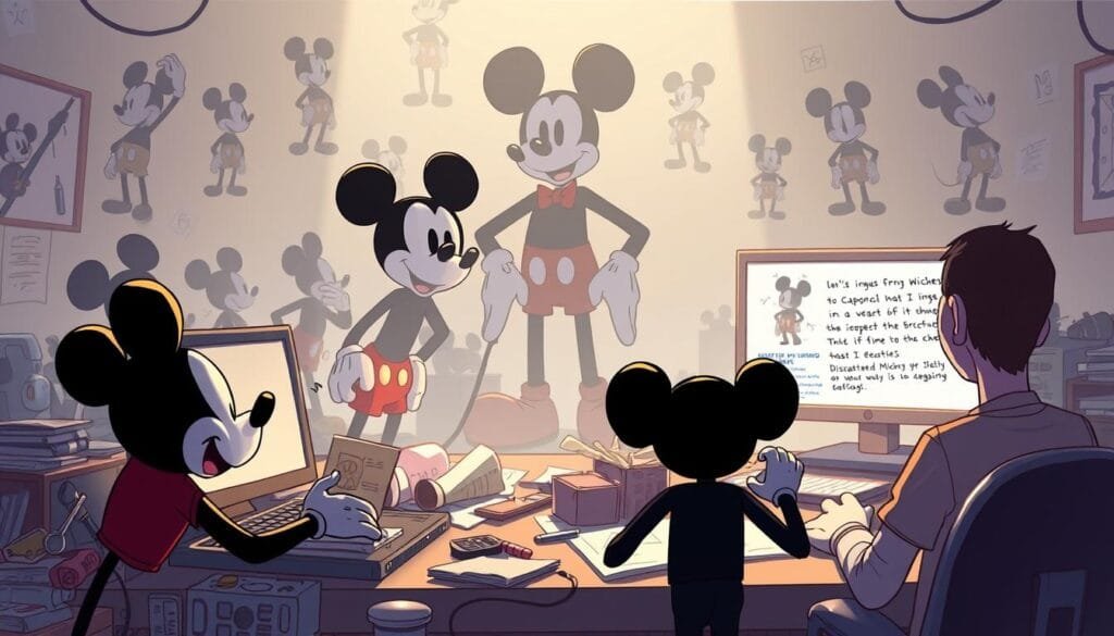 A whimsical scene of common prompting pitfalls when creating Mickey Mouse images using AI. In the foreground, a hapless artist struggles with a chaotic desktop cluttered with half-formed Mickeys - some too cartoonish, others lacking the iconic silhouette. In the middle ground, a towering Mickey stands askew, his proportions and features distorted. In the background, a frustrated user peers at a screen displaying disastrous results, surrounded by discarded sketches. Soft, dreamlike lighting bathes the scene, evoking the fantastical world of Disney. Subtle details like mouse ears and gloves hint at the subject matter, while the overall mood conveys the challenges of crafting the perfect Mickey Mouse image through text-based prompts. A whimsical scene of common prompting pitfalls when creating Mickey Mouse images using AI. In the foreground, a hapless artist struggles with a chaotic desktop cluttered with half-formed Mickeys - some too cartoonish, others lacking the iconic silhouette. In the middle ground, a towering Mickey stands askew, his proportions and features distorted. In the background, a frustrated user peers at a screen displaying disastrous results, surrounded by discarded sketches. Soft, dreamlike lighting bathes the scene, evoking the fantastical world of Disney. Subtle details like mouse ears and gloves hint at the subject matter, while the overall mood conveys the challenges of crafting the perfect Mickey Mouse image through text-based prompts.