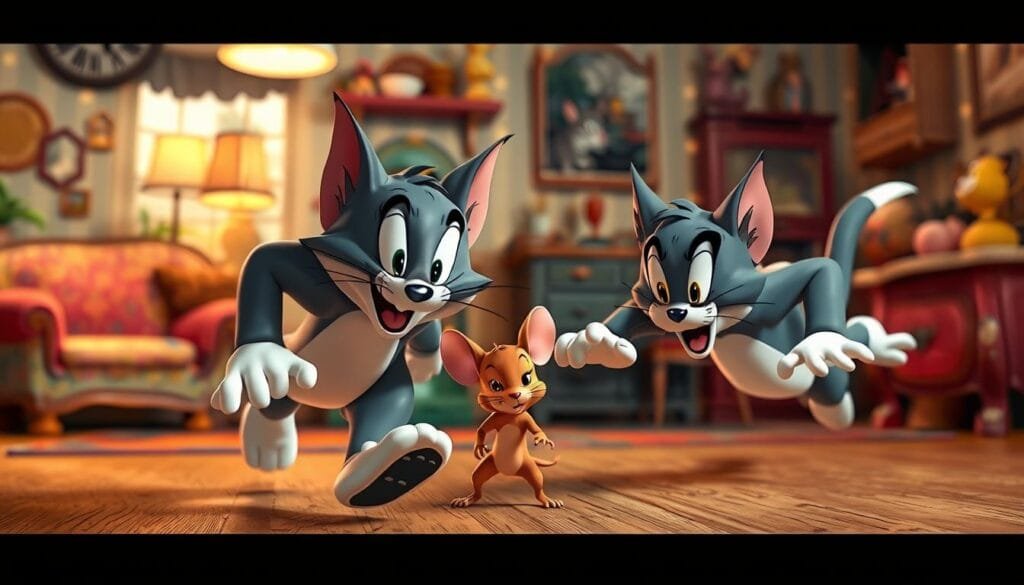 A whimsical scene of the iconic cartoon duo Tom and Jerry engaged in their signature mischievous antics, rendered with stunning photorealistic detail. In the foreground, the mischievous cat Tom is in hot pursuit of the nimble mouse Jerry, their expressions conveying the playful tension of their eternal chase. The middle ground features the vibrant, retro-inspired setting of a classic cartoon backdrop, complete with detailed furniture, decorations, and a sense of depth and dimensionality. The lighting is soft and warm, creating a nostalgic, dreamlike atmosphere that evokes the timeless charm of the original animated series. The overall composition is balanced and visually striking, capturing the essence of the Tom and Jerry dynamic through the lens of advanced AI-powered image generation.