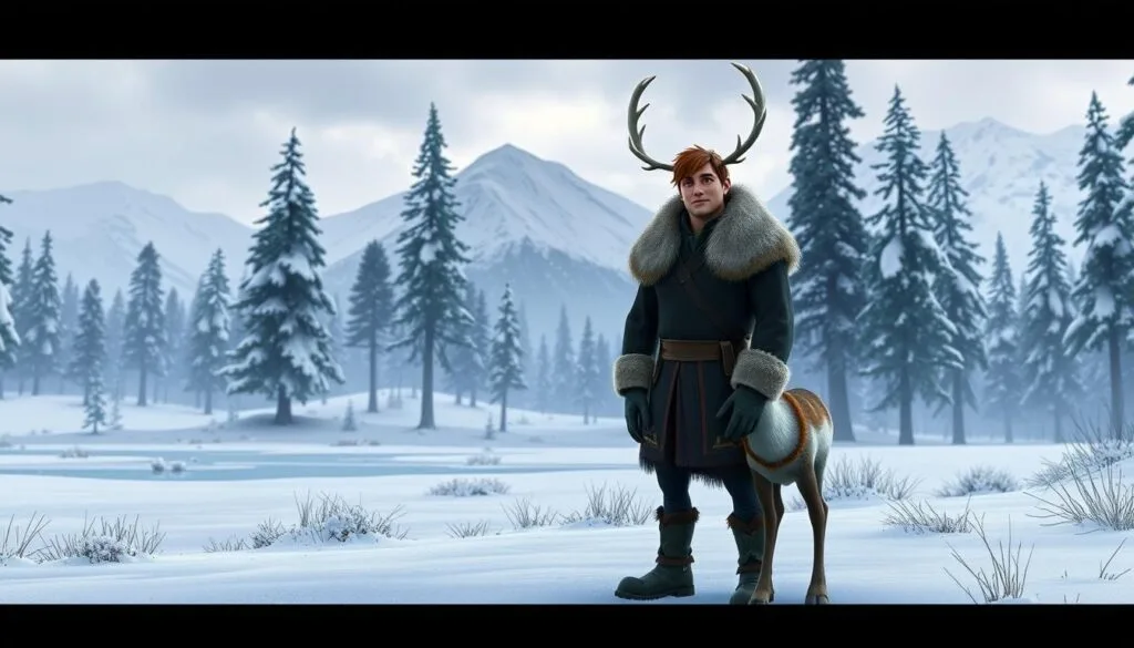 A wintery forest scene with Kristoff and his reindeer companion Sven standing in the foreground. Kristoff is dressed in his signature warm clothing, including a thick fur-lined jacket and snow boots. Sven stands beside him, his large antlers reaching up towards the sky. In the middle ground, a snowy landscape with tall pine trees and a frozen lake. The background features snow-capped mountains and a cloudy, overcast sky, creating a moody, atmospheric setting. The lighting is soft and natural, with subtle highlights on Kristoff and Sven. The overall mood is one of adventure, exploration, and the enduring bond between a man and his loyal animal friend.