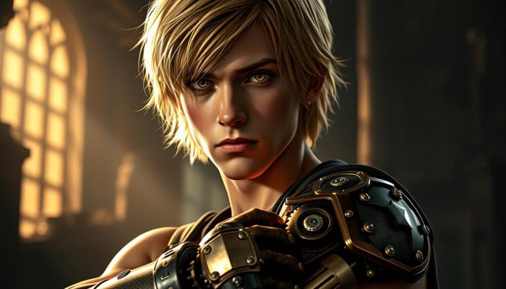 A young man with shoulder-length blond hair and piercing golden eyes stands in a determined pose, his right arm encased in a gleaming automail prosthetic. The intricate metalwork and gears of the automail are rendered in exquisite detail, capturing the contrast between the human and artificial elements. The figure is bathed in a warm, dramatic lighting, casting dramatic shadows that emphasize the rugged, angular features of his face. The background is a moody, atmospheric setting, perhaps a dimly lit alchemical laboratory or a ruined cityscape, hinting at the character's storied past and the challenges he has faced. The overall impression is one of power, resilience, and a sense of the extraordinary within the ordinary.