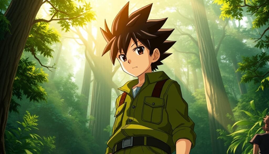 A young man with spiky black hair and determined eyes, Gon Freecss stands in a lush, verdant forest. Sunlight filters through the canopy, casting a warm, golden glow on his face. He wears a simple green jacket and cargo pants, his hands clenched into fists, ready for action. In the background, towering trees and dense foliage create a sense of depth and mystery, hinting at the vast, untamed world of Hunter x Hunter. The overall atmosphere is one of adventure, energy, and the protagonist's unwavering spirit to overcome any challenge that lies ahead.