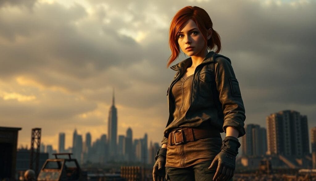 A young woman, Ellie, stands resolute in a post-apocalyptic setting. She wears a rugged jacket, cargo pants, and sturdy boots, her auburn hair framing a determined expression. The lighting is warm and golden, casting subtle shadows that accentuate her features. In the middle ground, a dilapidated city skyline sets the scene, hinting at the challenges she faces. The background is a moody, overcast sky, adding a sense of foreboding and the weight of her journey. Ellie's posture is strong and unwavering, conveying her resilience and strength in the face of the devastation around her.