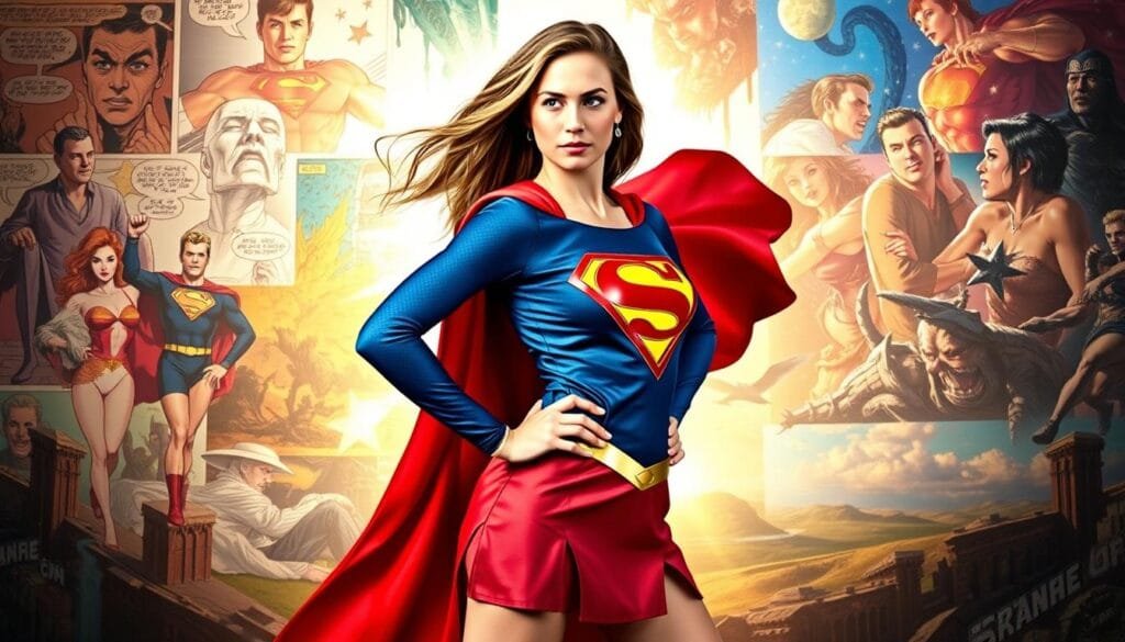 A young woman in the iconic Supergirl costume, standing heroically against a backdrop of various artistic styles. In the foreground, she strikes a confident pose, her cape billowing behind her. The middle ground features a collage of artistic interpretations, ranging from vibrant comic book panels to impressionistic brushstrokes, surreal abstract patterns, and detailed photorealistic renderings. The background showcases a dynamic, ever-changing landscape, blending elements of different artistic movements, from the bold lines of expressionism to the dreamlike qualities of surrealism. The lighting is dramatic, casting dramatic shadows and highlights to accentuate the subject's heroic presence. The overall atmosphere is one of power, diversity, and the boundless creativity of the human imagination.