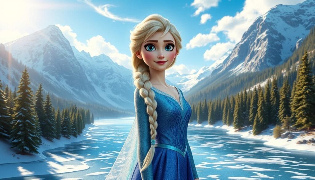 A young woman with platinum blonde hair in a long braid, wearing a shimmering blue dress, stands in the center of a picturesque Arendelle landscape. The surroundings are filled with snow-capped mountains, lush evergreen forests, and a sparkling frozen lake. Sunlight filters through wispy clouds, casting a warm glow over the scene. Anna's expression is one of wonder and adventure as she gazes out at the magical kingdom. The camera angle is slightly elevated, capturing the full scale of the environment and Anna's connection to it. The overall mood is one of enchantment, inviting the viewer to explore the wintry wonderland alongside the beloved Frozen heroine.