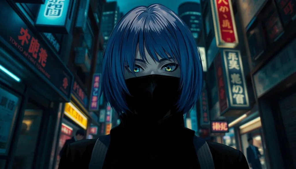 A young woman with vibrant, shoulder-length blue hair stands in the foreground, her intense gaze captivating the viewer. She wears a black mask that covers the lower half of her face, conveying a sense of mystery and danger. In the middle ground, a dimly lit alleyway in Tokyo sets the scene, its neon signs and shadowy figures creating an atmospheric cyberpunk environment. In the background, the towering silhouettes of skyscrapers loom, casting a moody, ominous presence. The lighting is a mix of cool blues and warm yellows, creating a striking contrast that heightens the drama and tension of the scene. The camera angle is slightly low, giving the impression of looking up at the formidable figure of Touka Kirishima, the protagonist of the Tokyo Ghoul series.