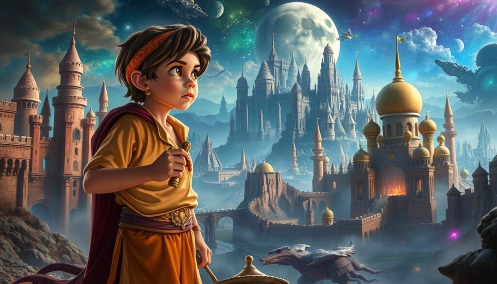 Aladdin exploring diverse universes and eras, a fantastical crossover odyssey. In the foreground, the iconic street urchin from Agrabah stands, Lamp in hand, gazing upon a kaleidoscope of alternative realities - medieval castles, futuristic cityscapes, and mythical realms. Intricate details paint the scene, from the lavish textures of his iconic outfit to the mesmerizing landscapes that surround him. Dramatic lighting casts dramatic shadows, evoking a sense of wonder and adventure. Aladdin's expression is one of curiosity and determination, as he steps through the portals of imagination, ready to uncover the secrets of these alternate versions of his world.